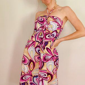 Tiki Palm Y2K Abstract Hawaiian Halter Midi Dress Pink Purple Psychedelic Swirl